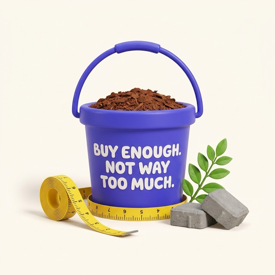 A purple bucket of mulch labeled ‘Buy enough. Not way too much.’ with a measuring tape